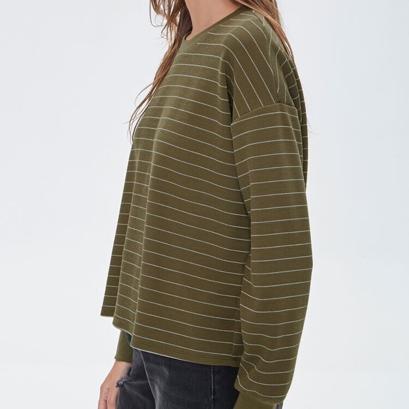 Forever 21 Olive Green Pinstriped Drop-Sleeve Top - Picture 2 of 7